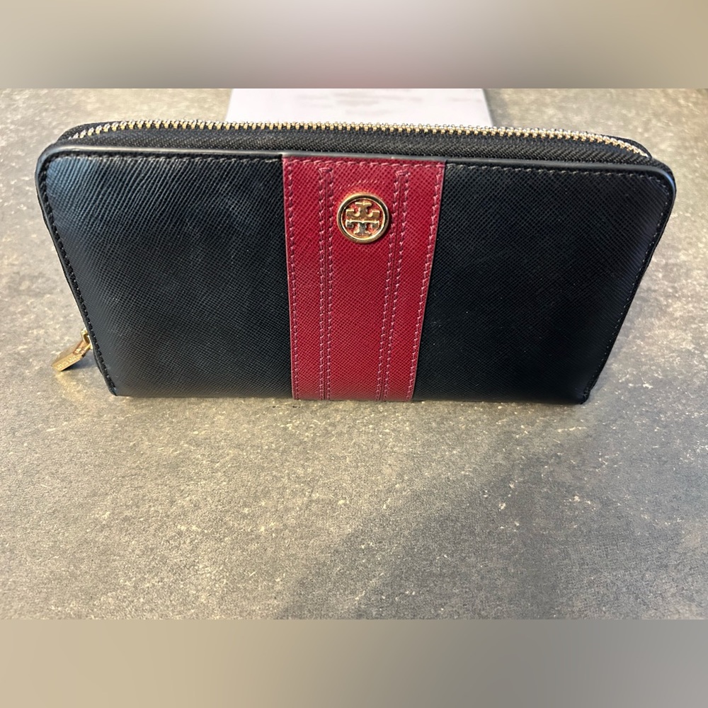 Black & burgundy Tory Burch leather zip around long wallet